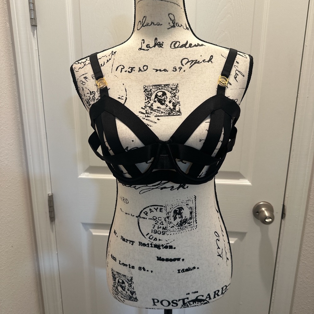 Victoria's Secret Black Strappy Cage Unlined Balconet Bra with Gold Hardware